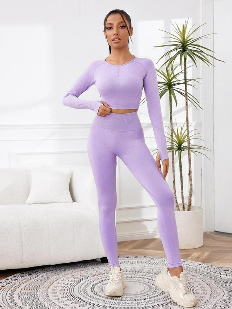 2 Counts Women'S Raglan Sleeve Ruched Tee & Hip Lifting High Waist Sports Leggings, Workout Exercise Active Set for Fall, Long Sleeve Cup Bra & Skinny Pants Yoga Pants Two Piece Sets Tracksuits, Sports Outfits for Yoga Running Gym, Tracksuits Sets