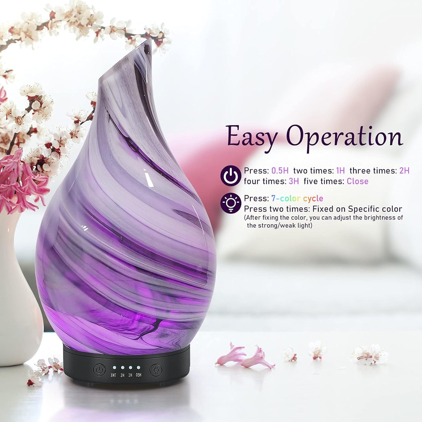 Essential Oil Diffuser 120ML Aroma Ultrasonic Humidifier Night Lights with Handmade Glass BPA Free Waterless Auto-Off Timer Setting for Home Yoga Office