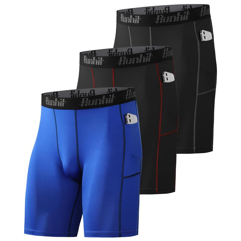 Runhit 3 Pack Mens Compression Shorts with Pocket Running Underwear Athletic Shorts Workout Fitness Shorts Quick Dry Performance Sports Baselaye