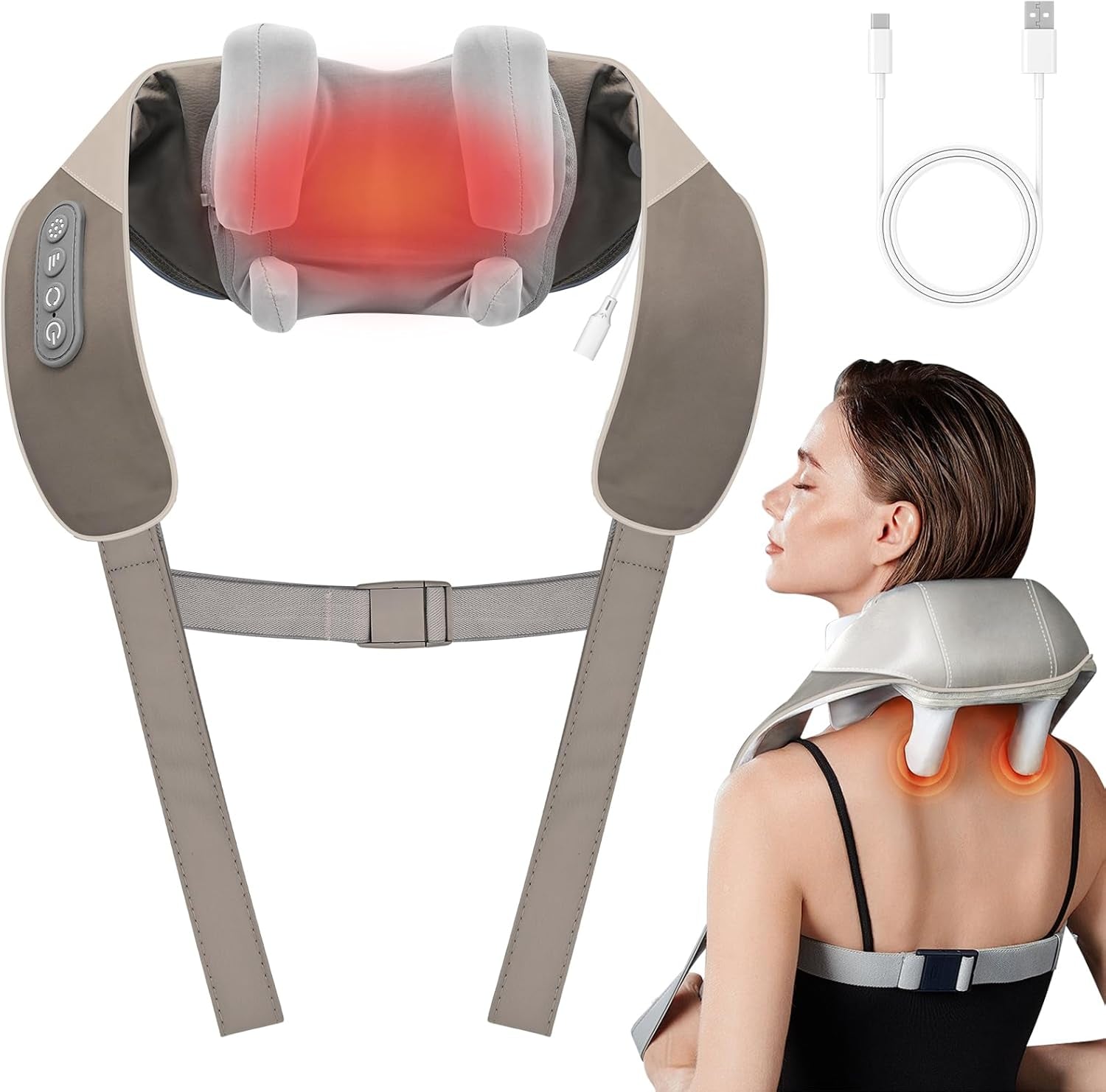 Shiatsu Neck Massager with Heat-  Back Massager 6-Head Cordless Deep Tissue Simulate Human Hand Grasping & Kneading Massage Pillow for Leg, Foot Muscle Pain Relief