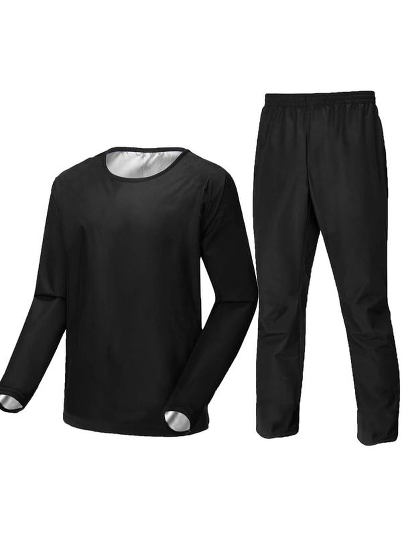 Men'S Solid Long Sleeve Tee & Elastic Waist Pants Sauna Suit Set, Sportswear Set for Gym Workout Running, Mens Jogger Sets, Gym Clothes, Tracksuits for Men, Men Sport & Outdoor Clothing