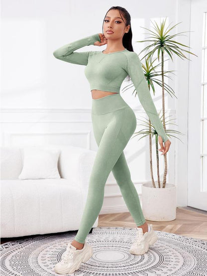 2 Counts Women'S Raglan Sleeve Ruched Tee & Hip Lifting High Waist Sports Leggings, Workout Exercise Active Set for Fall, Long Sleeve Cup Bra & Skinny Pants Yoga Pants Two Piece Sets Tracksuits, Sports Outfits for Yoga Running Gym, Tracksuits Sets