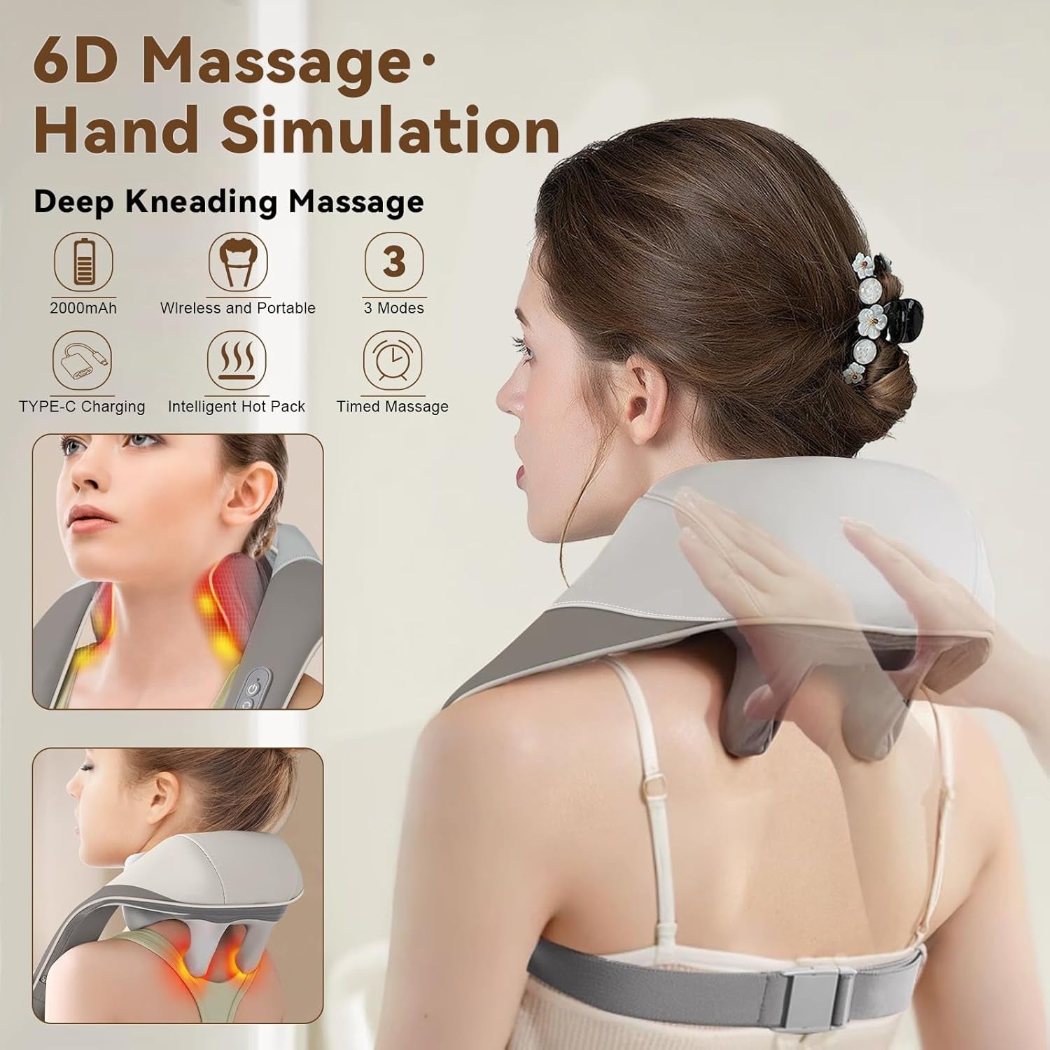 Shiatsu Neck Massager with Heat-  Back Massager 6-Head Cordless Deep Tissue Simulate Human Hand Grasping & Kneading Massage Pillow for Leg, Foot Muscle Pain Relief